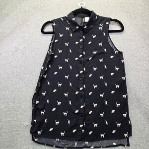 H&M Divided Women Black White Cat Print Sleeveless Button Down Shirt Size 2